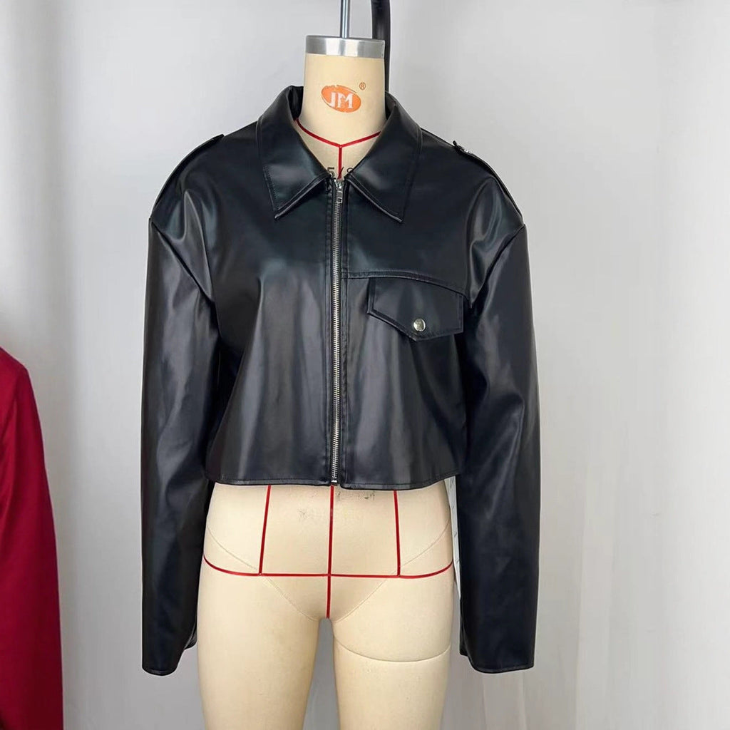 Women's Black Faux Leather Cropped Jacket Harajuku Style - Image 5