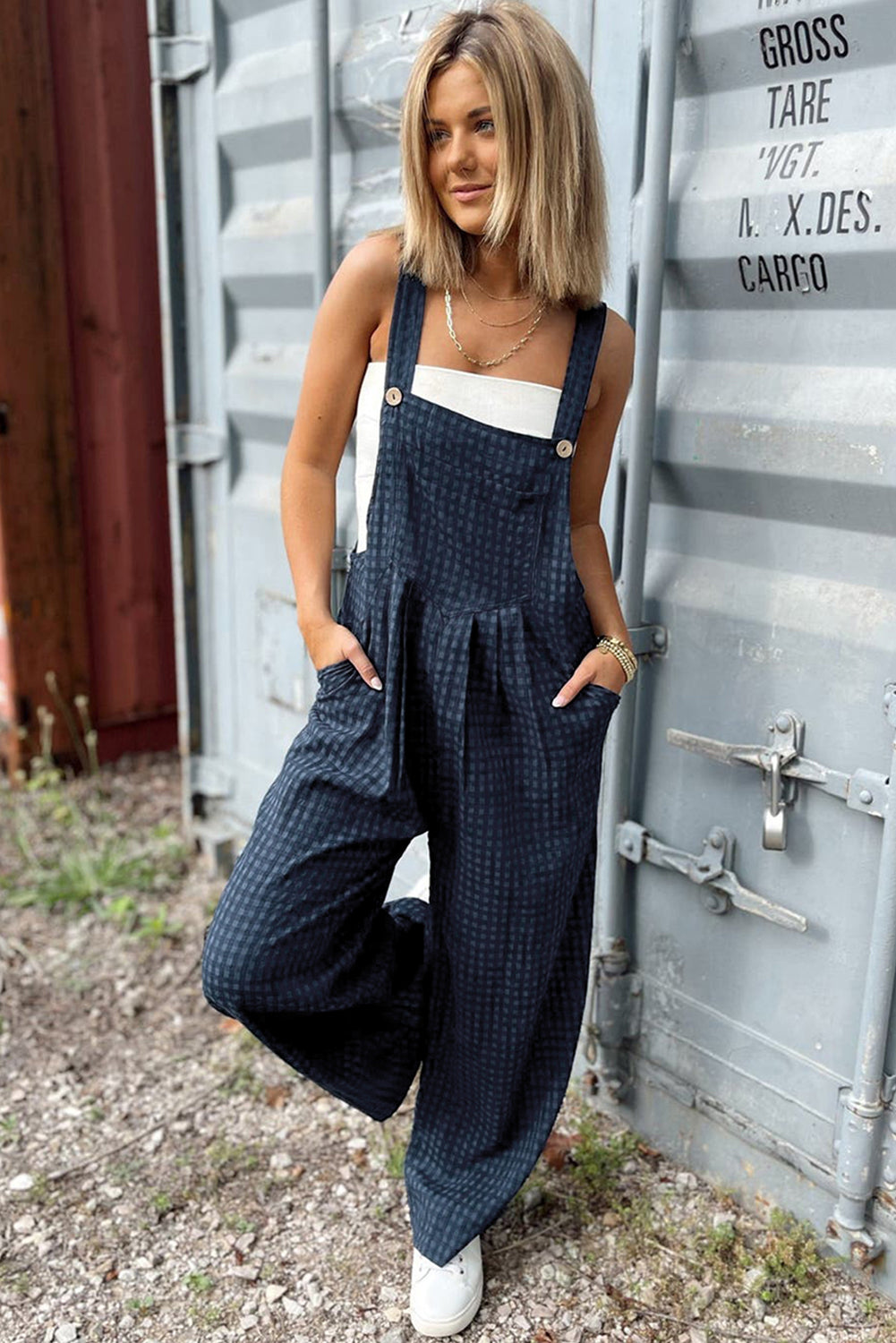 Sail Blue Plaid Print High Waist Overall with Pockets