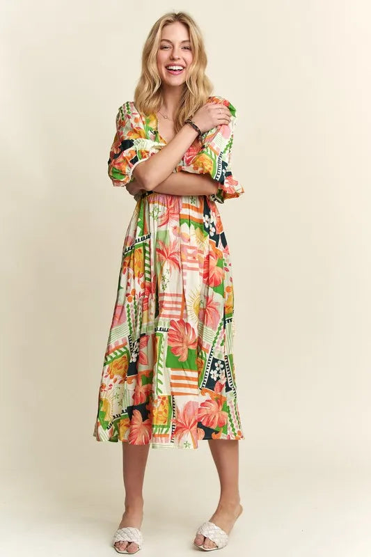 Floral V-Neck Puff Sleeve Midi Dress - Cream, Orange, Green, Pink