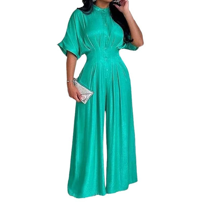 Emerald Green Satin Wide-Leg Jumpsuit with Bat Sleeves