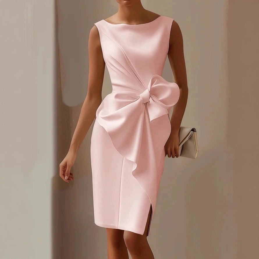 Women's Sleeveless Bow-Knot Midi Dress with Side Slit
