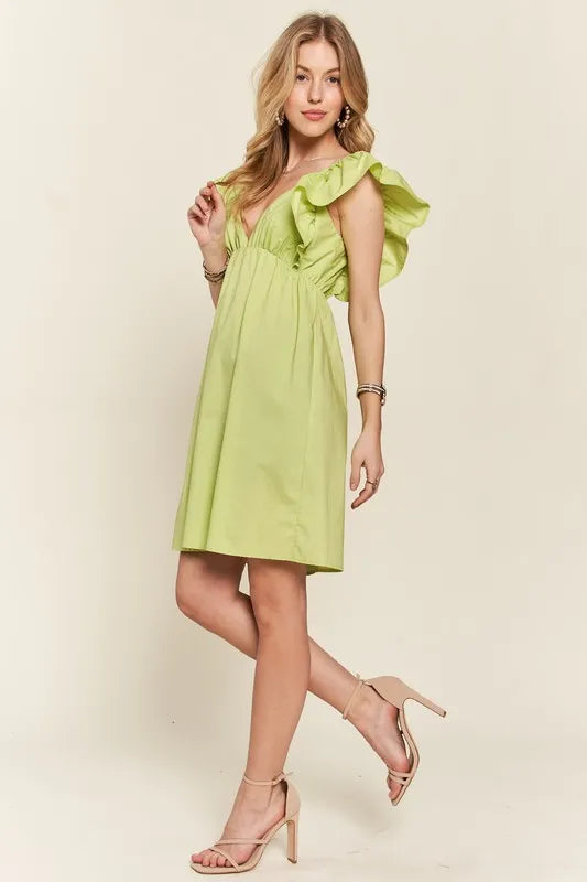 Lime Green Smocked Back Ruffled Cap Sleeve Babydoll Mini Dress