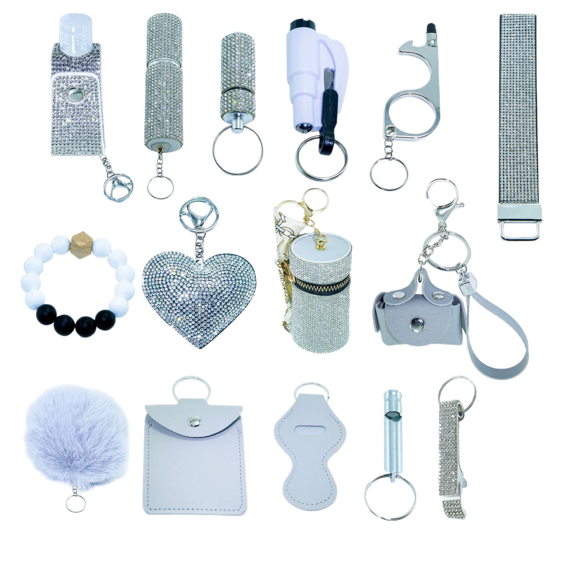 15-Piece Rhinestone Keychain Set, PU Leather Decorative Key Rings