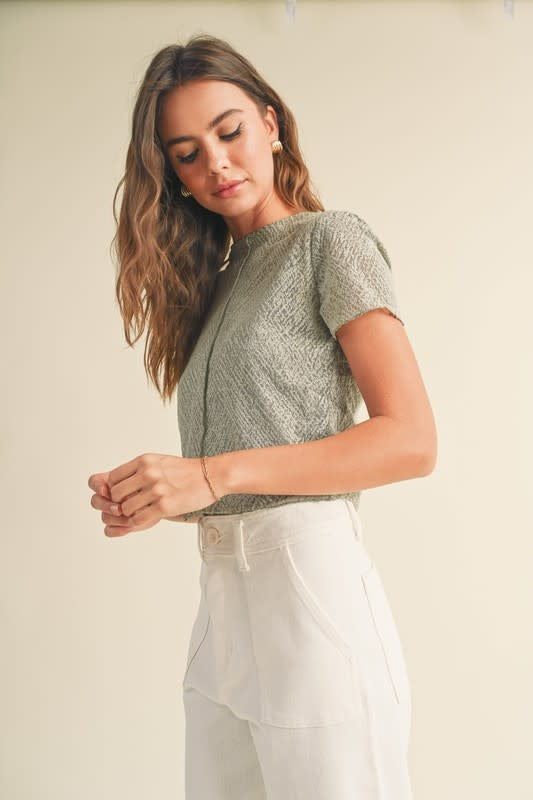 Patterned Sage Tank Top with Layered Sheer Fabric Overlay