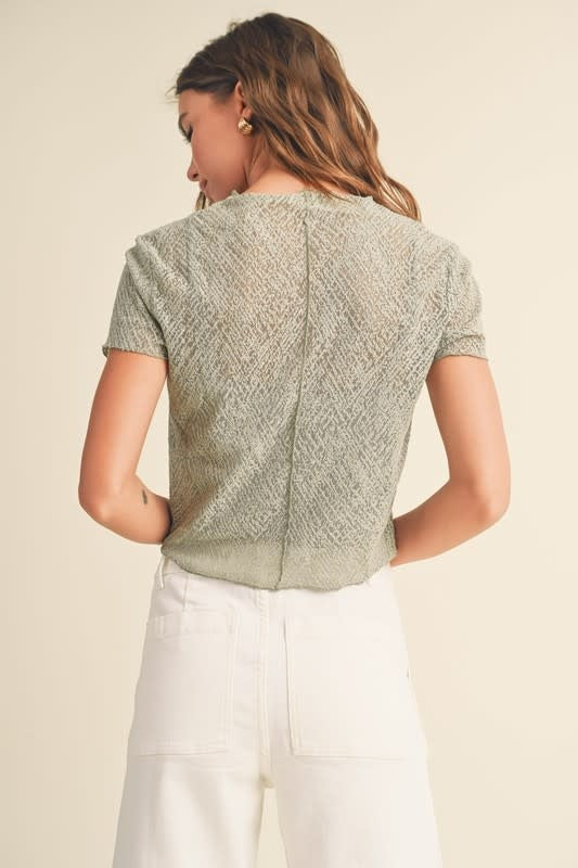 Patterned Sage Tank Top with Layered Sheer Fabric Overlay