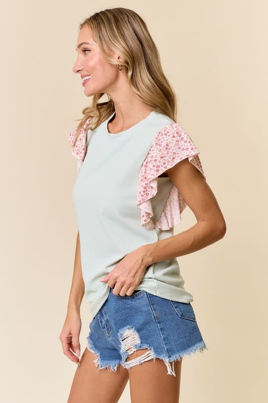 Paisley Princess Top Sage/Rose Short Ruffle Sleeve Floral Accent