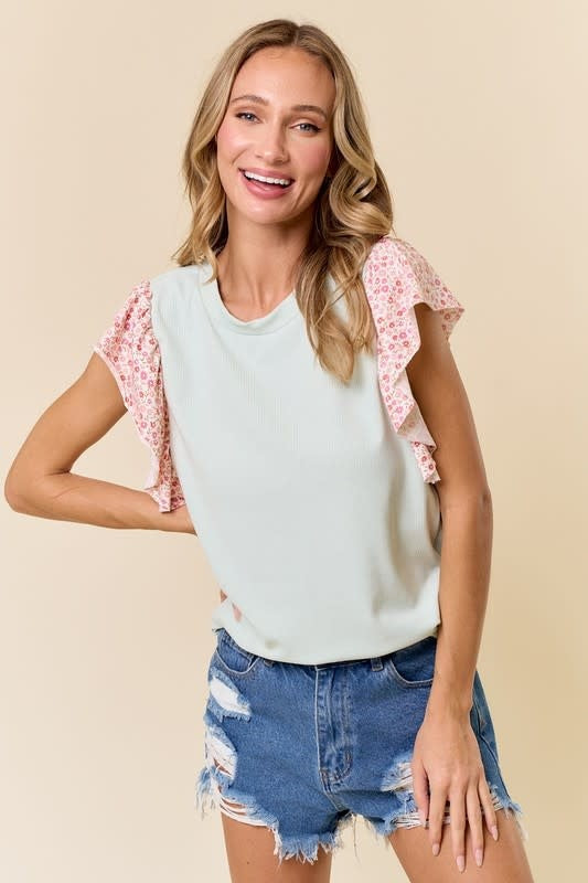 Paisley Princess Top Sage/Rose Short Ruffle Sleeve Floral Accent