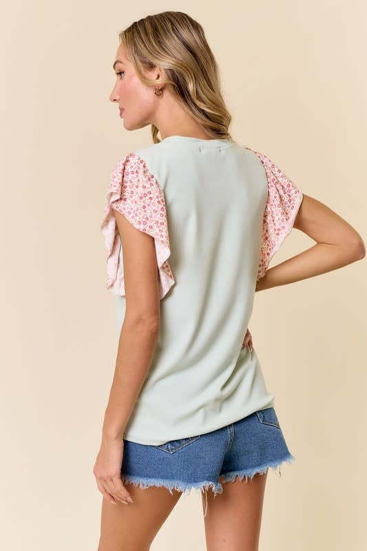 Paisley Princess Top Sage/Rose Short Ruffle Sleeve Floral Accent