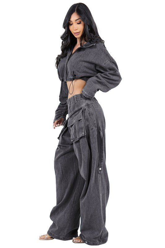Women's Denim Two Piece Pant Set - Trendy Matching Co-ord Outfit