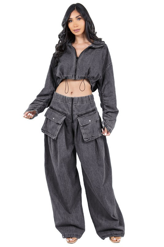 Women's Denim Two Piece Pant Set - Trendy Matching Co-ord Outfit