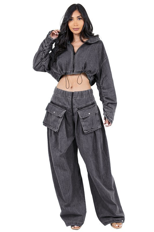 Model wearing a stylish Women's Denim Two-Piece Pant Set by BY CLAUDE