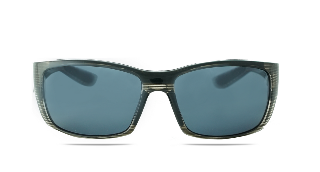 Zion sunglasses in slate grey with polarized grey Nx14 lenses viewed from front and side.