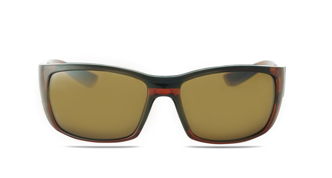 Zion sunglasses with amber stripe frames and brown polarized lenses viewed from the front and side.
