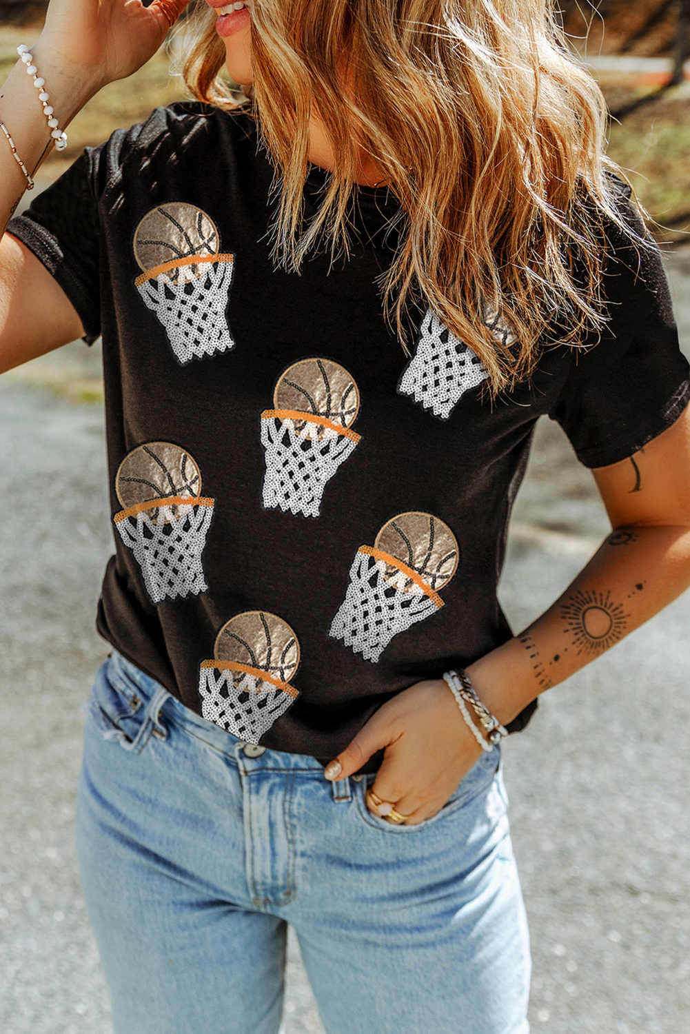 Black Sequin Basketball Graphic Game Day T-Shirt