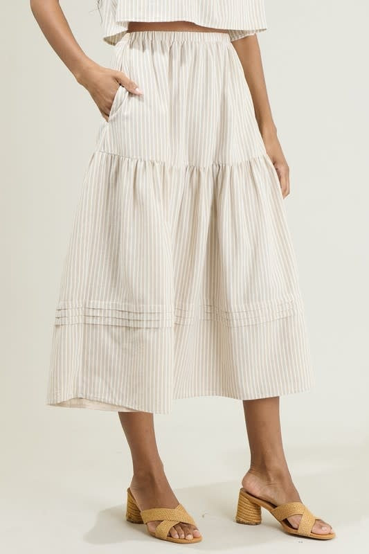 Striped Flores Midi Skirt in Tan and White