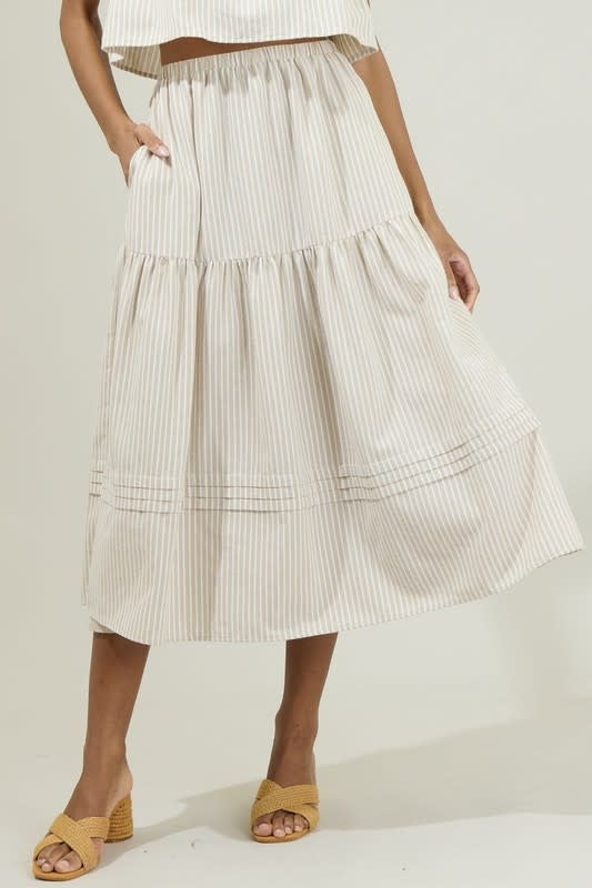 Striped Flores Midi Skirt in Tan and White