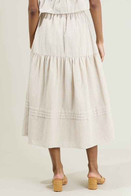 Striped Flores Midi Skirt in Tan and White