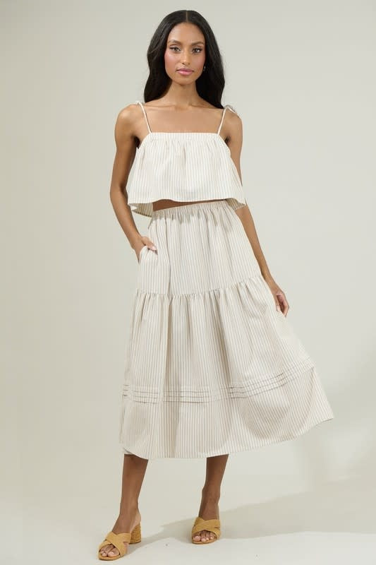 Tan and white striped midi skirt with elastic waist for summer vacation