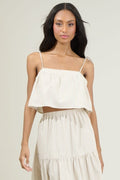 Tan and White striped sleeveless crop top with self-tie spaghetti straps