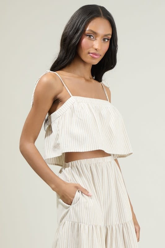 Striped Crop Top in Tan/White with Tie Straps