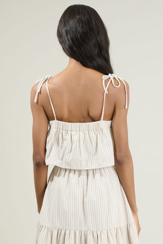 Striped Crop Top in Tan/White with Tie Straps