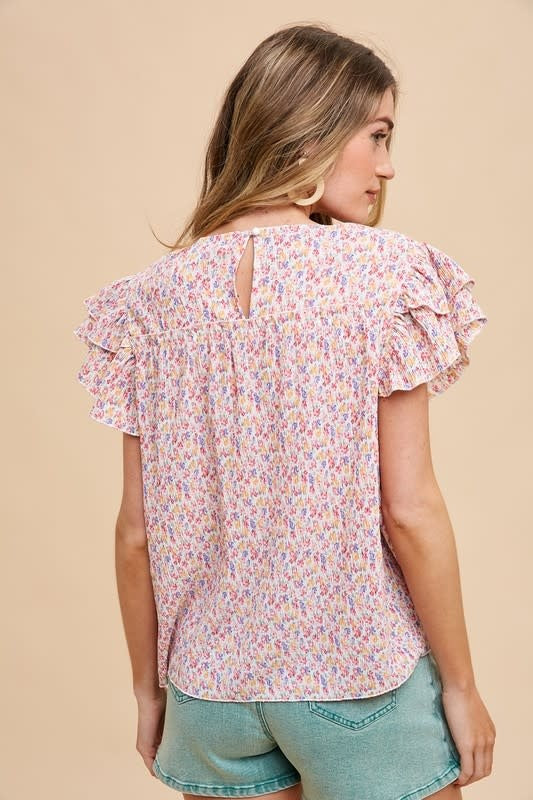 Ditsy Flower Printed Pleats Blouse with Ruffle Sleeves - Ivory Multi