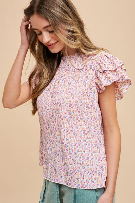 Ditsy Flower Printed Pleats Blouse with Ruffle Sleeves - Ivory Multi
