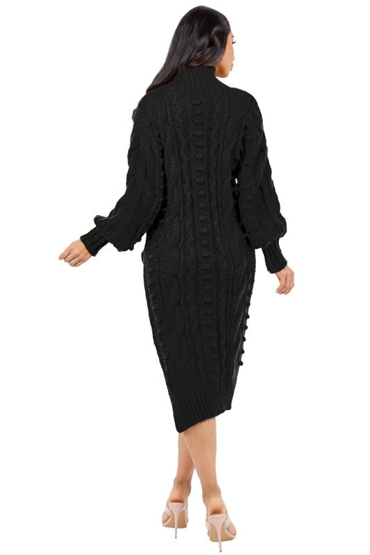 Women's Black Knit Sweater Dress | Long Bishop Sleeves Midi