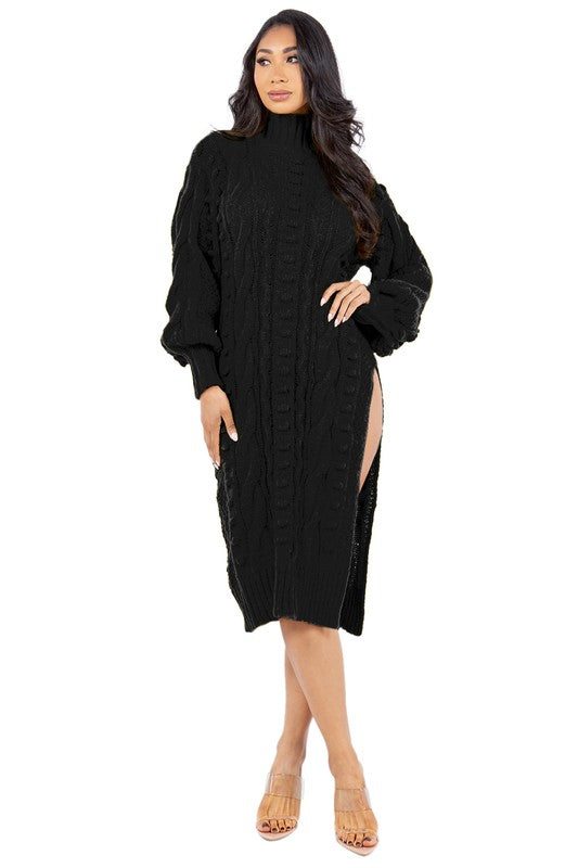 Women's Black Knit Sweater Dress | Long Bishop Sleeves Midi