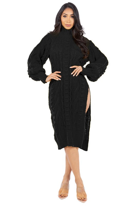 Women's Black Knit Sweater Dress | Long Bishop Sleeves Midi