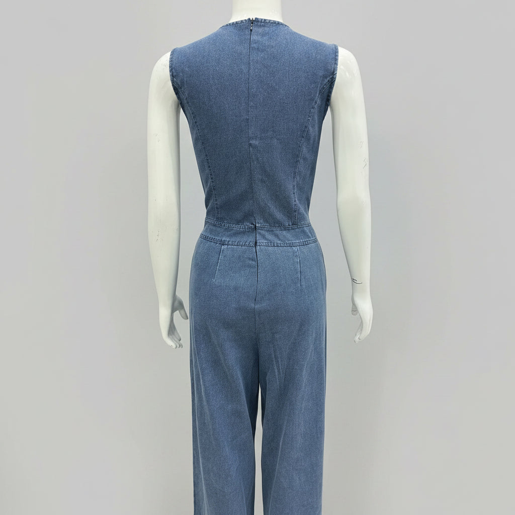 Women's Sleeveless Denim-Style Wide-Leg Jumpsuit