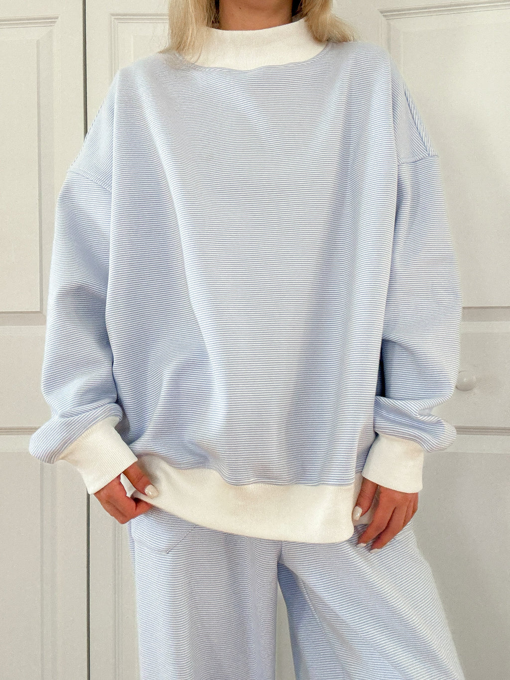 Blue and White Mini Striped Mockneck Sweatshirt Unisex