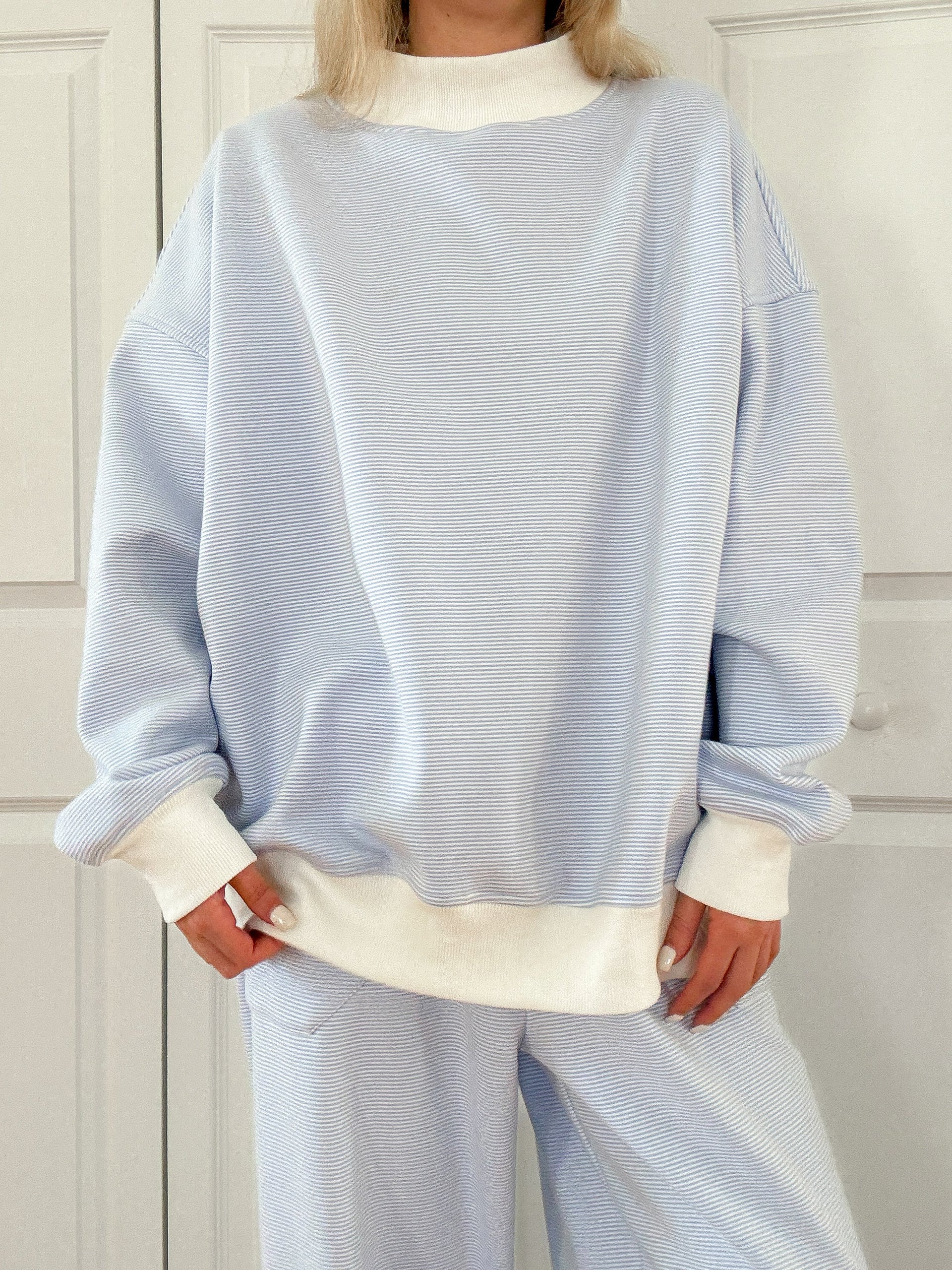 Blue and White Mini Striped Mockneck Sweatshirt Unisex