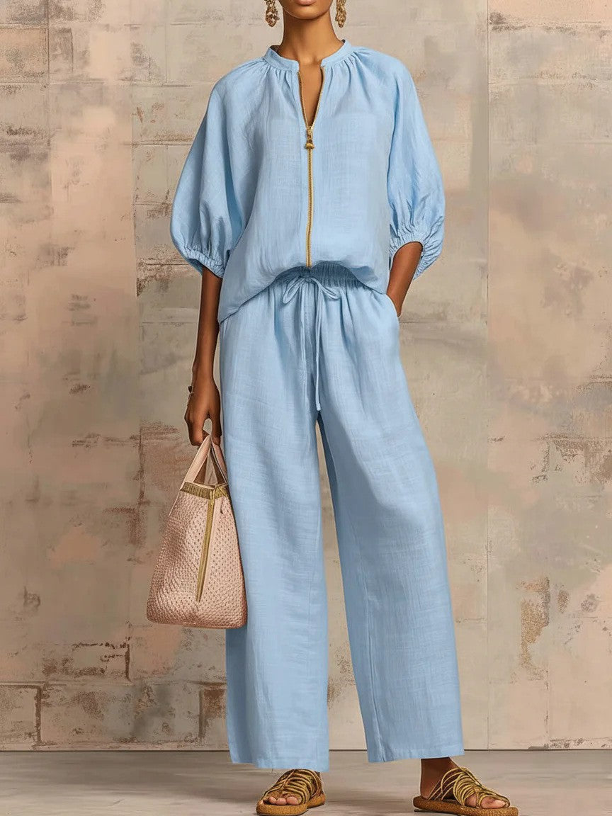 Women's Casual Loose Zipper Round Neck Wide-Leg Pants Two-Piece Set