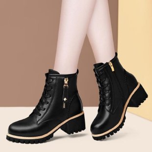 Women's Black Leather Lace-Up Ankle Boots with Zipper - Image 6