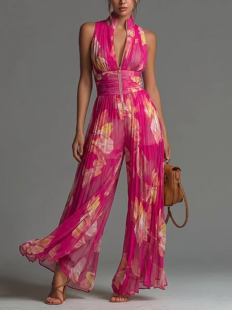 Pleated Wide-Leg Sleeveless Jumpsuit for Women