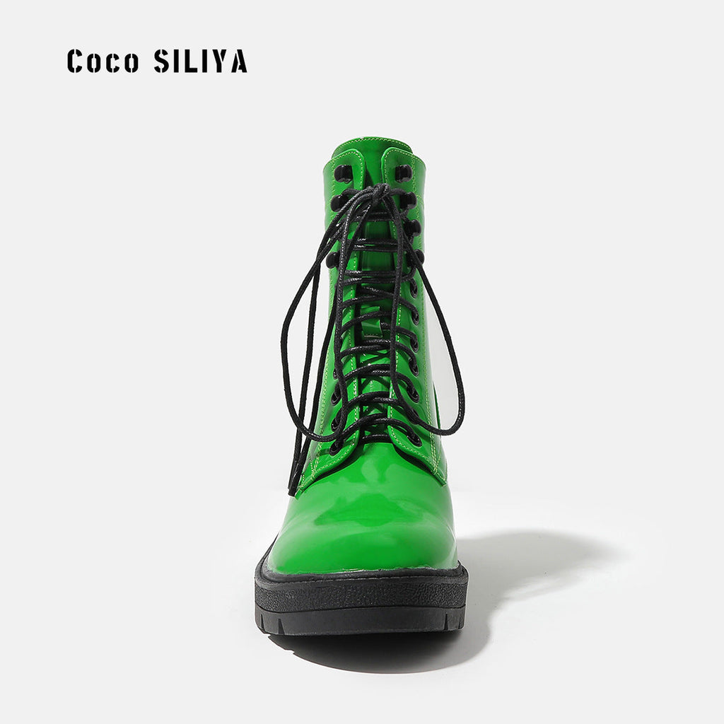 Women's Harajuku Style Patent Leather Lace Up Combat Boots - Image 5