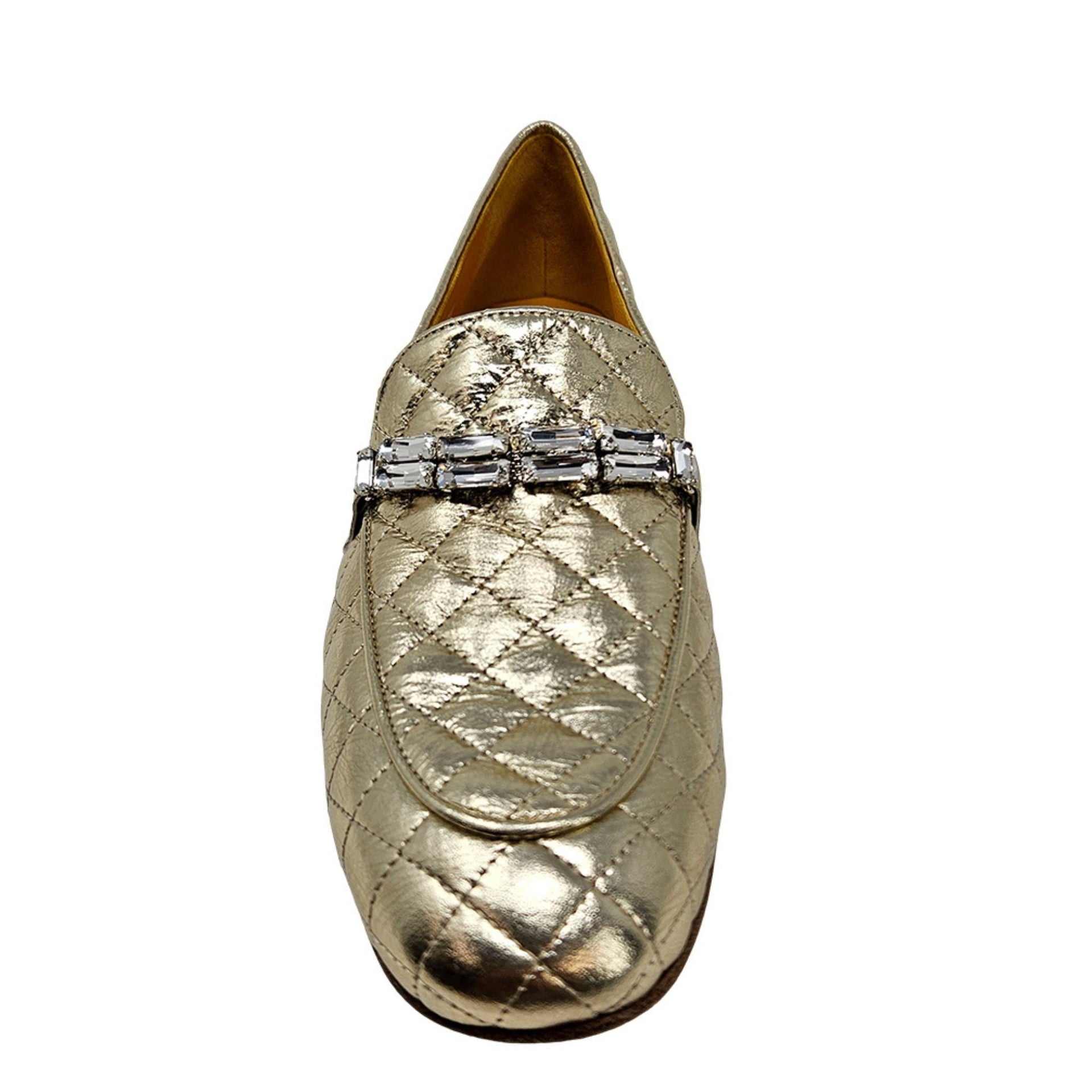 Women's Gold Quilted Leather Flat Loafers with Crystal Detail - Image 4