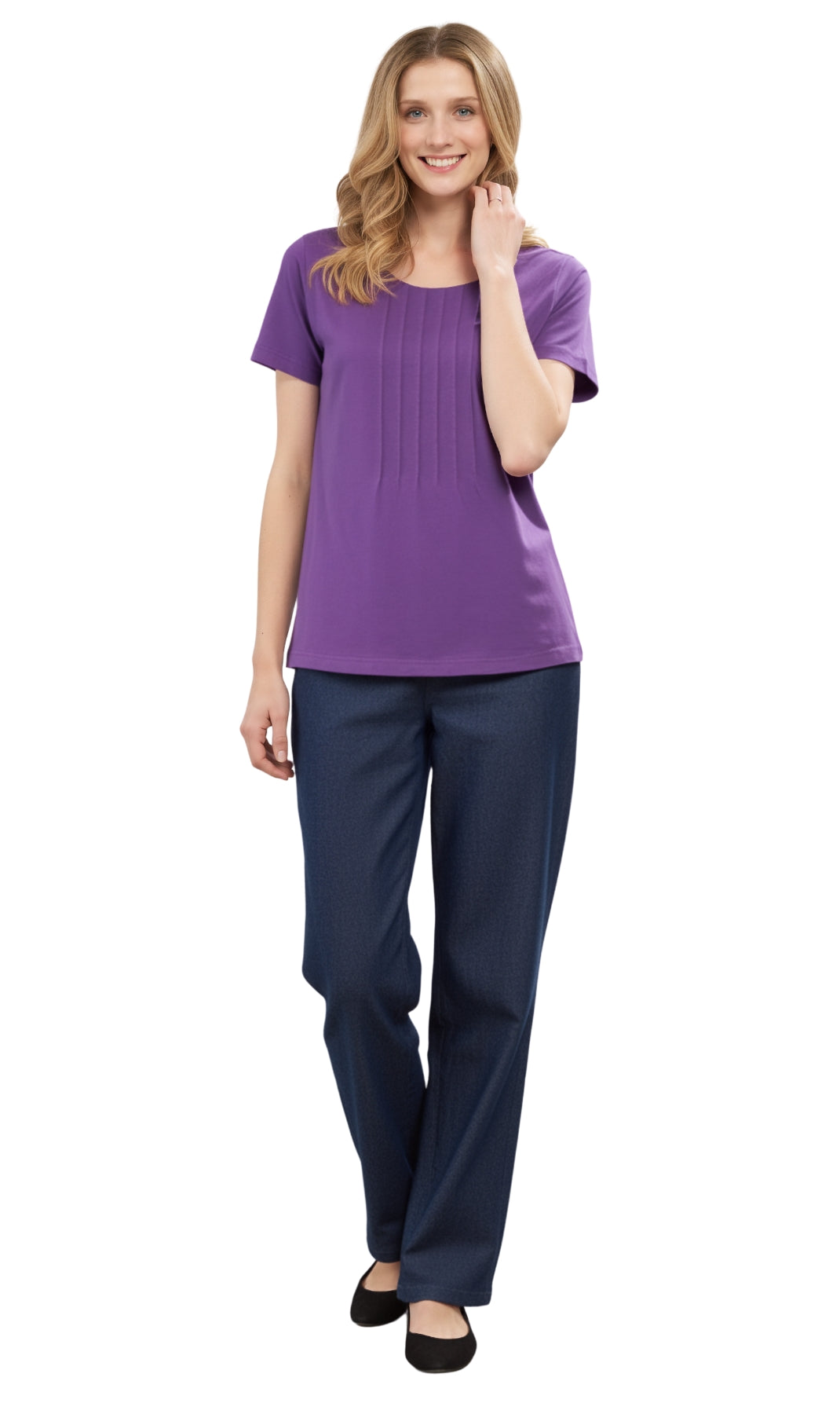 Women's Short Sleeve Pintuck Scoop Neck 100% Cotton Knit T-Shirt