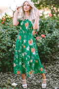 Floral Bubble Sleeve Smock Tiered Midi Dress