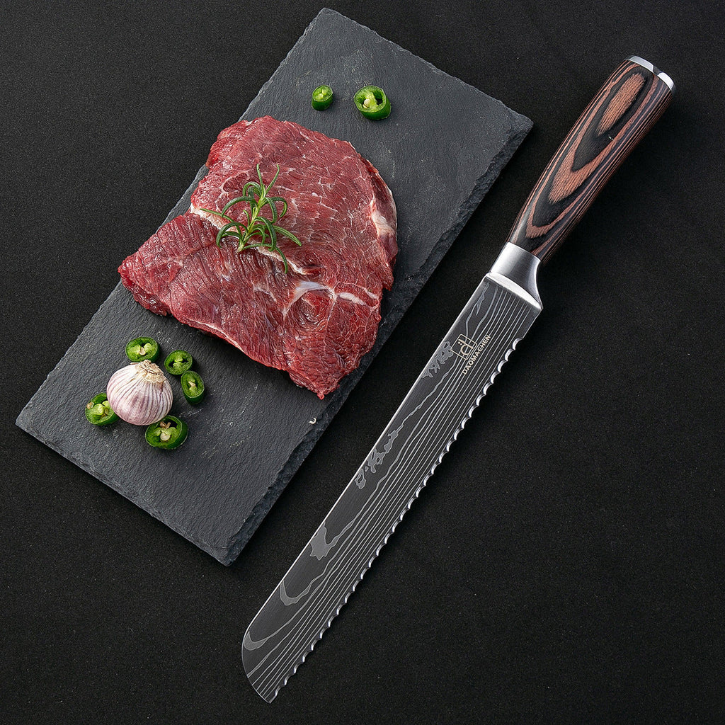 Modern Damascus Style Kitchen Knife Set Silver Brown Black