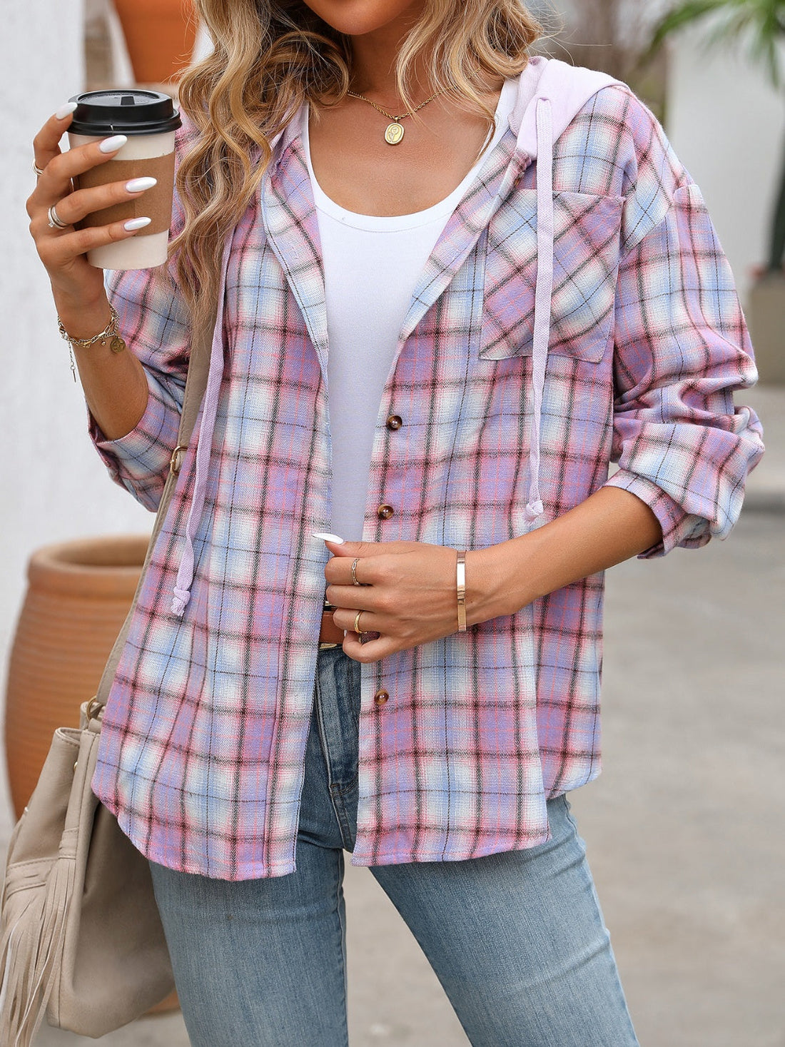 Women's Plaid Long Sleeve Hooded Jacket Casual Button Down Shirt - Image 9