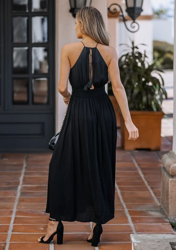 High Neck Long Sleeve Beaded Open Back Maxi Dress in Black