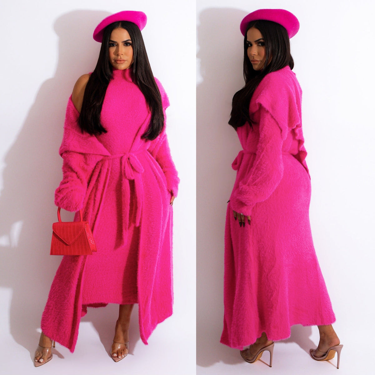 Minimalist Velvet Two-Piece Dress and Long Cardigan Set