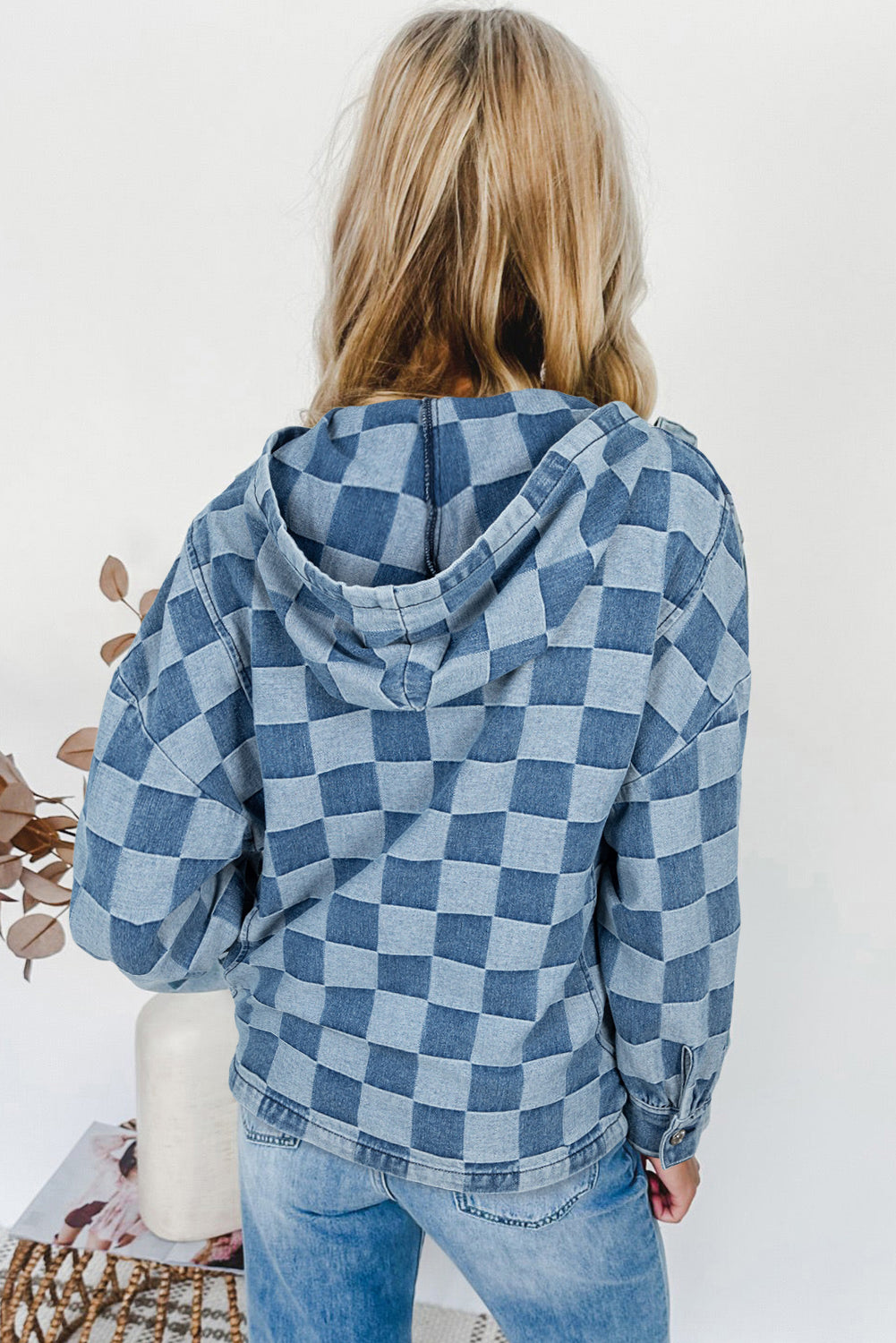 Sky Blue Checkerboard Zipped Collar Denim Hoodie