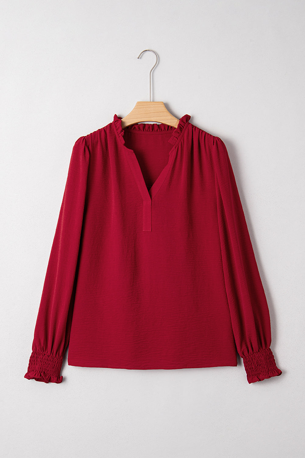Solid Notched Neck Shirred Cuff Long Sleeve Blouse