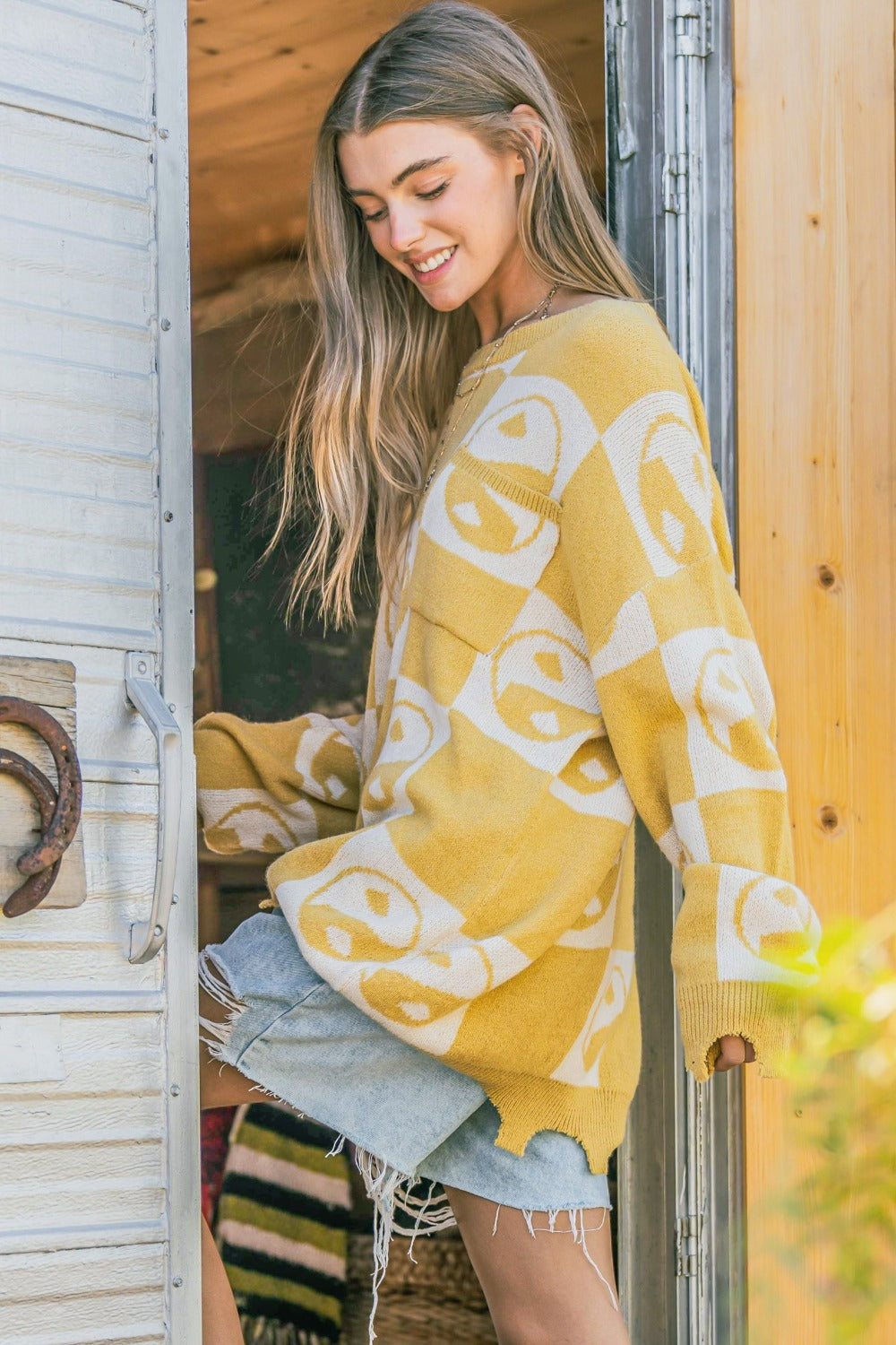Yellow Yin Yang Checkerboard Knit Pullover Sweater - Image 3