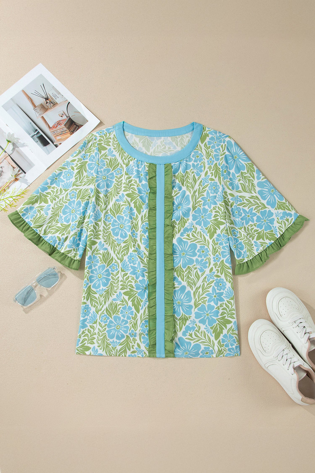 Waverly Floral Half Sleeve Blouse with Trim in Blue & Green