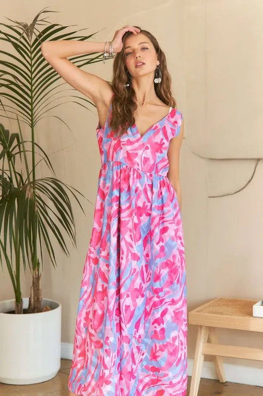 Abstract Floral V-Neck Maxi Dress – Elegant Summer Style