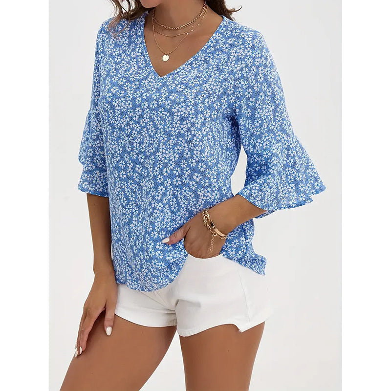 Womens Blue Floral V-Neck Blouse with Flare Sleeves - Image 2